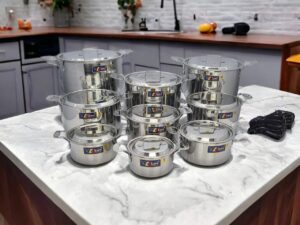 BỘ 9 NỒI INOX 1 ĐÁY THÂN VUÔNG KLINS CAO CẤP 16-18-20-22-24-26-28-30-32 (NẮP INOX) - TẶNG 5 LY ĐÁ