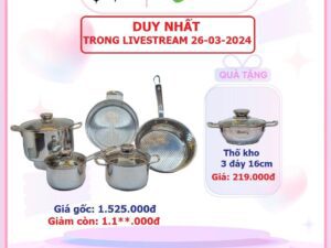 BỘ 5 NỒI INOX 3 ĐÁY THÂN ĐỨNG KLINS CAO CẤP (QUÁNH 16 - NỒI 18 - NỒI 24 - XỬNG 24 - CHẢO 26) - TẶNG THỐ KHO 3 ĐAÝ 16CM